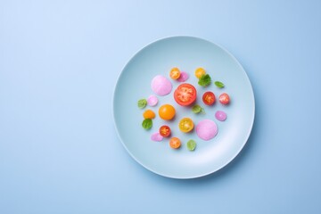 Poster - minimalist top-down view of colorful fresh vegetarian ingredients scattered artistically on solid color plate placed