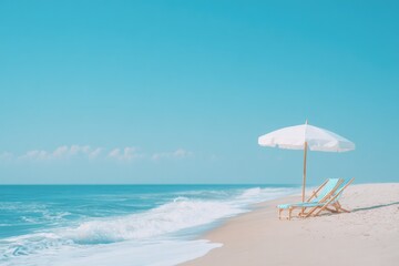 Aufkleber - scenic minimalist beach setting with umbrella and empty lounge chairs emphasizing summer relaxation and tranquility