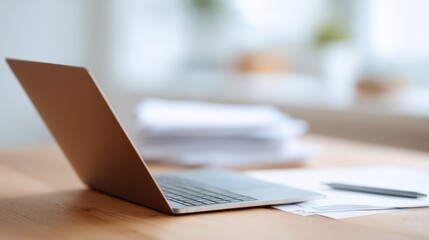 Poster - simple workspace with laptop scattered papers and pen on clean wooden desk