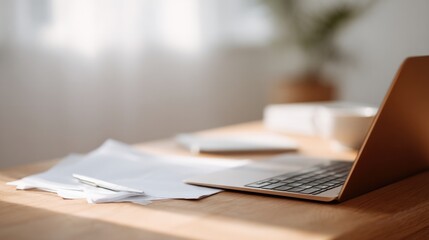 Poster - simple workspace with laptop scattered papers and pen on clean wooden desk