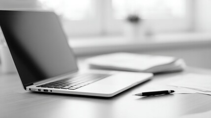 Poster - simple workspace with laptop scattered papers and pen on clean wooden desk