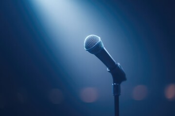 Poster - solitary microphone stands on empty stage under dim lighting inviting anticipation of musical performance