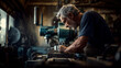 © Frank Gärtner - Senior craftsman working with milling machine in a traditional carpentry workshop, wood shavings flying around