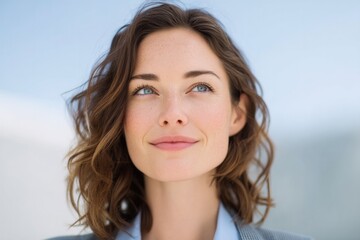 Poster - close-up of confident professional woman smiling thoughtfully clear minimalistic background