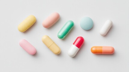 Poster - minimalistic arrangement of various modern medicine tablets on white surface offering ample copy spa