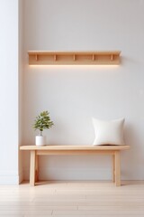 Poster - minimalistic hallway interior with seamless wooden flooring and white walls displaying empty coat rack and bench offers