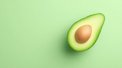 Poster - minimalistic top-down shot of single ripe avocado finely sliced lay on spacious clean solid color backdrop with ample