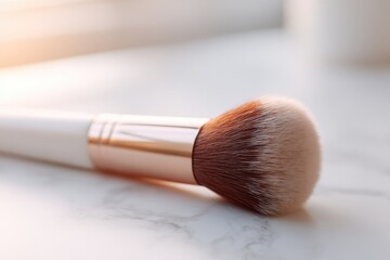 Poster - lone elegant brush rests on pristine polished counter in luxurious beauty salon emphasizing beauty simplicity