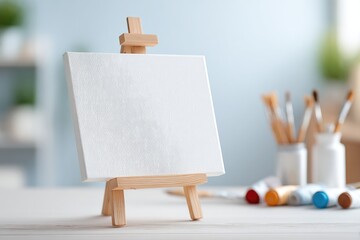 Aufkleber - minimalist canvas sits on easel in brightly lit art studio surrounded by vibrant paint tubes and clean brushes creating