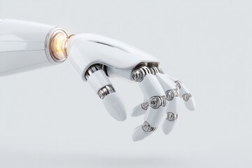 Poster - sleek robotic hand extends towards simple white background epitomizing theme of societal automation