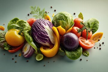 Poster - vibrant 3d vegetarian dish illustration with diverse colorful vegetables on clean light background