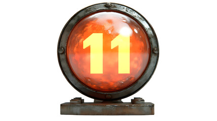 Poster - A Glowing Red Number Eleven in an Industrial Style on a Dark Background with an Eerie Glow Effect