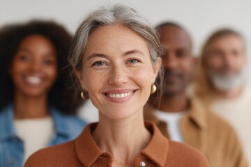 Poster - capture minimalistic portrait of diverse group of friends of different races and ages celebrating to