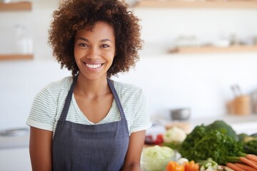 Aufkleber - capture minimalistic portrait of individual joyfully preparing vibrant vegetarian dish in well-lit clean kitchen environment
