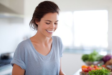 Poster - capture minimalistic portrait of individual joyfully preparing vibrant vegetarian dish in well-lit c