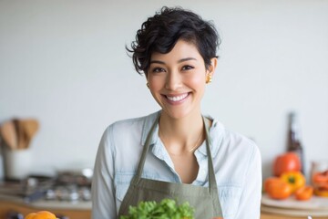 Aufkleber - capture minimalistic portrait of individual joyfully preparing vibrant vegetarian dish in well-lit clean kitchen environment