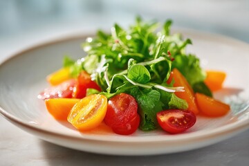 Poster - close-up of colorful minimalistic vegetarian dish with fresh vegetables arranged artfully on clean white plate