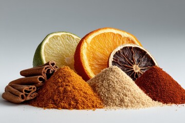 Poster - close-up of autumn spices and dried orange slices on white background