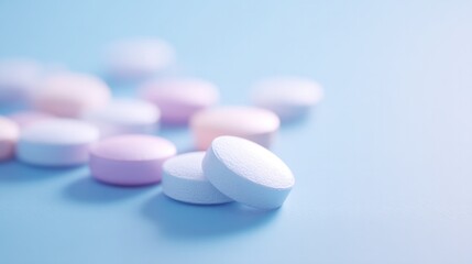 Poster - close-up of modern medications on minimalistic background scattered pills and tablets with ample copy space
