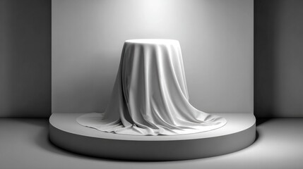 Poster - monochrome 3d rendering of empty pedestal draped with fabric set against plain background