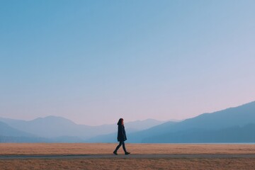 Poster - portrait of person walking alone in serene natural landscape with focus on their contemplative expression