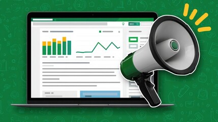 Poster - innovative financial trust restoration tool featuring laptop with megaphone and chart on the screen 