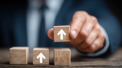 Poster - Individual placing a block with a white arrow indicating direction and progress in business strategy and planning