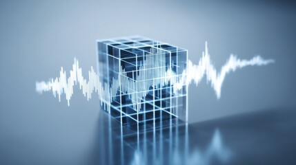 Fototapete - Ai-enhanced news impact retracement analyzer icon concept featuring a cube with a sound wave for data interpretation