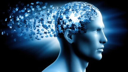 Poster - Human head silhouette with a puzzle piece symbolizing cognitive processes in the brain for ai conceptualization