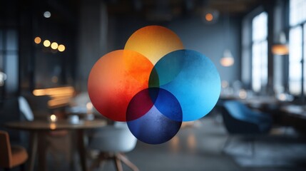Poster - Colorful hanging ball from a ceiling creating a playful atmosphere and dynamic visual interest in interior spaces