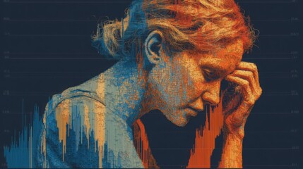 Poster - woman with head in hands depicting emotional response in investor hesitation heatmap icon concept fo