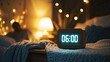 © Shahida - Digital Clock Displaying 6 AM on Nightstand with Knitted Blanket in Bedroom