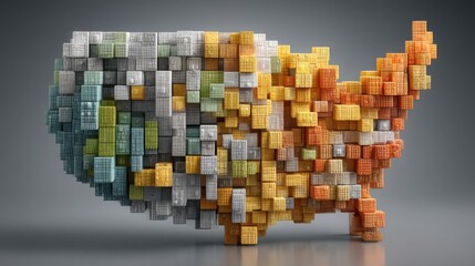 Poster - Unique map of the united states composed of colorful cubes illustrating geographical diversity and prosperity simulation