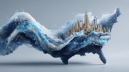Poster - city designed in the shape of a wave symbolizing fluidity and innovation in urban planning and coast
