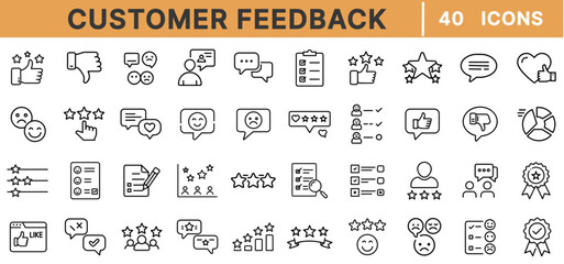 Aufkleber - Customer Feedback Line Icons – Rating, Review, Survey, Satisfaction, Thumbs Up, Chat Bubble, Star Score, Testimonial, User Opinion, Support