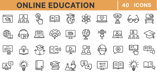 Aufkleber - Online Education Line Icons – E-Learning, Virtual Class, Laptop, Online Course, Graduate Cap, Video Call, Webinar, School, Study, Distance Learning
