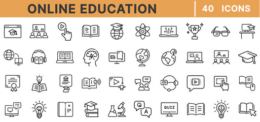Poster - Online Education Line Icons – E-Learning, Virtual Class, Laptop, Online Course, Graduate Cap, Video Call, Webinar, School, Study, Distance Learning