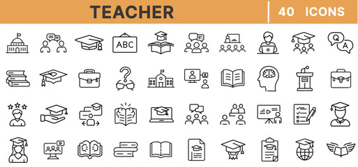 Poster - Teacher Line Icons – Education, Classroom, Graduate Cap, Student, Blackboard, Learning, Lecture, School, Tutor, Training, Teacher Desk Set