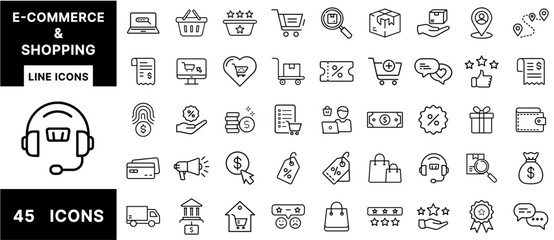 Poster - E-Commerce & Shopping Line Icons – Cart, Bag, Store, Payment, Delivery, Credit Card, Mobile Purchase, Support, Discount Tag, Checkout Outline Icons Set