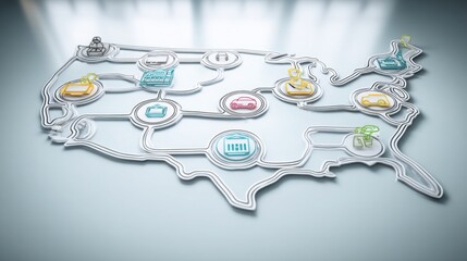 Poster - A map of the united states featuring icons illustrating various aspects of ai-governed welfare eligibility flowchart