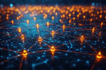 Fototapete - Network connections illuminate with blue and orange lights on a dark background during nighttime