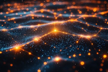 Fototapete - Glowing abstract patterns of blue and orange light creating a mesmerizing digital landscape in a dark environment