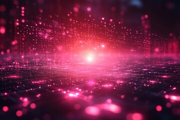 Fototapete - Creative digital landscape featuring vibrant pink and red glowing particles against a dark background showcasing futuristic energy