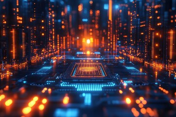 Poster - High-tech circuit board glowing with blue and orange lights in a futuristic setting