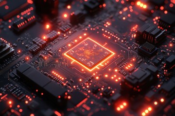 Poster - Brightly lit circuit board with glowing components showing advanced technology and design at close range