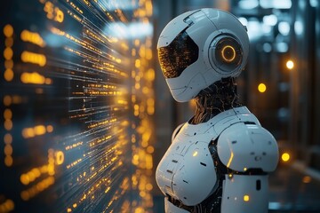 Poster - Humanoid robot interacts with digital data in a futuristic environment during a technological exhibition