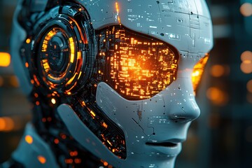 Poster - Futuristic robot with glowing orange circuitry in an advanced technology environment