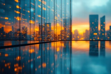 Poster - Urban sunset view from a modern building with reflections on the glass surfaces