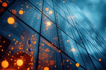 Poster - Sparkling reflections on modern skyscraper glass during twilight in an urban atmosphere