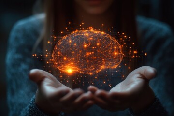 Poster - Concept of human brain visualization with glowing neural connections in hands showcasing artificial intelligence